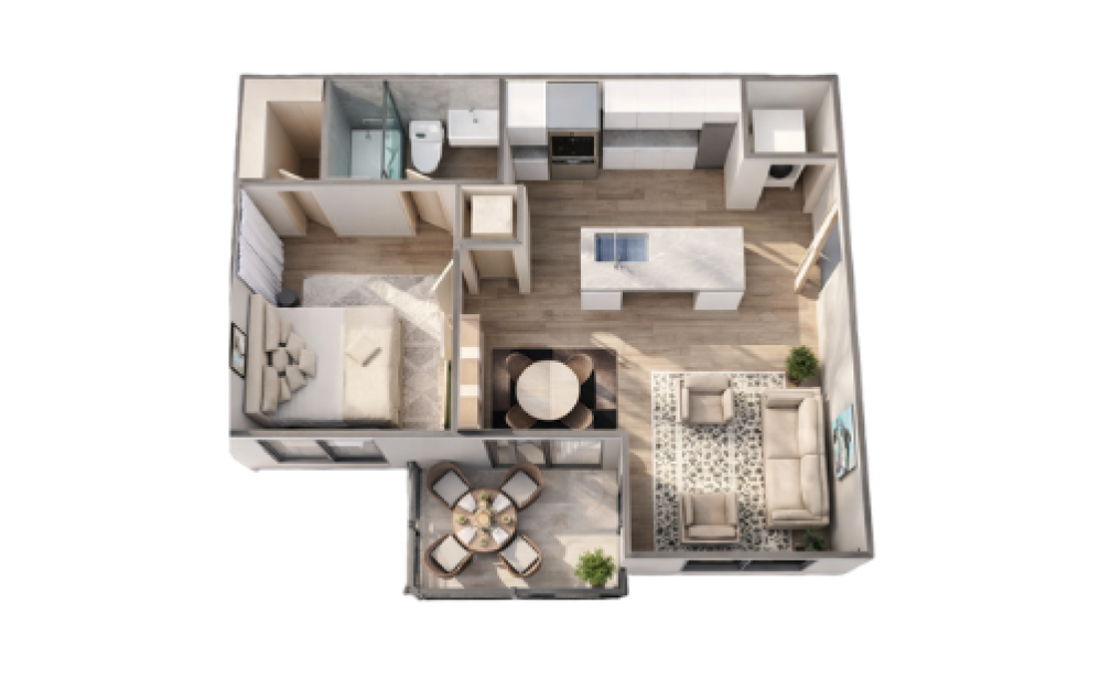 A1 - 1 bedroom floorplan layout with 1 bathroom and 650 square feet (3D)