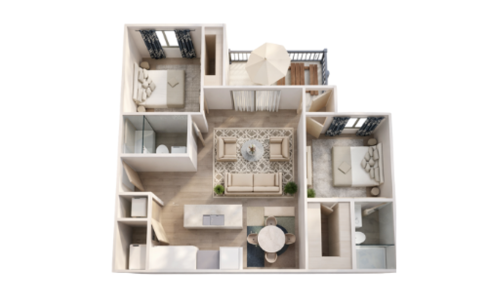 B1 - 2 bedroom floorplan layout with 2 bathrooms and 1026 square feet (3D)