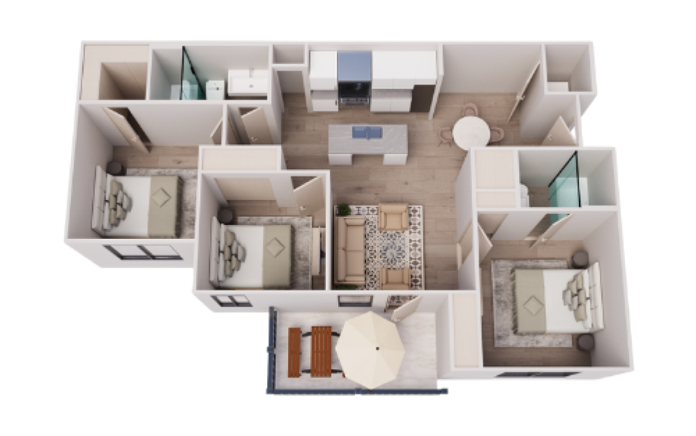 C1 - 3 bedroom floorplan layout with 2 bathrooms and 1159 square feet (3D)