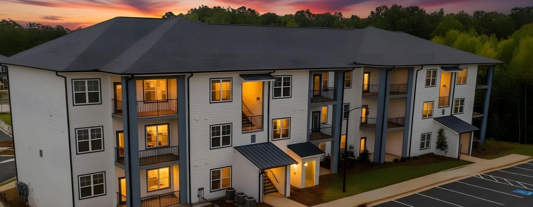 a building with a parking lot