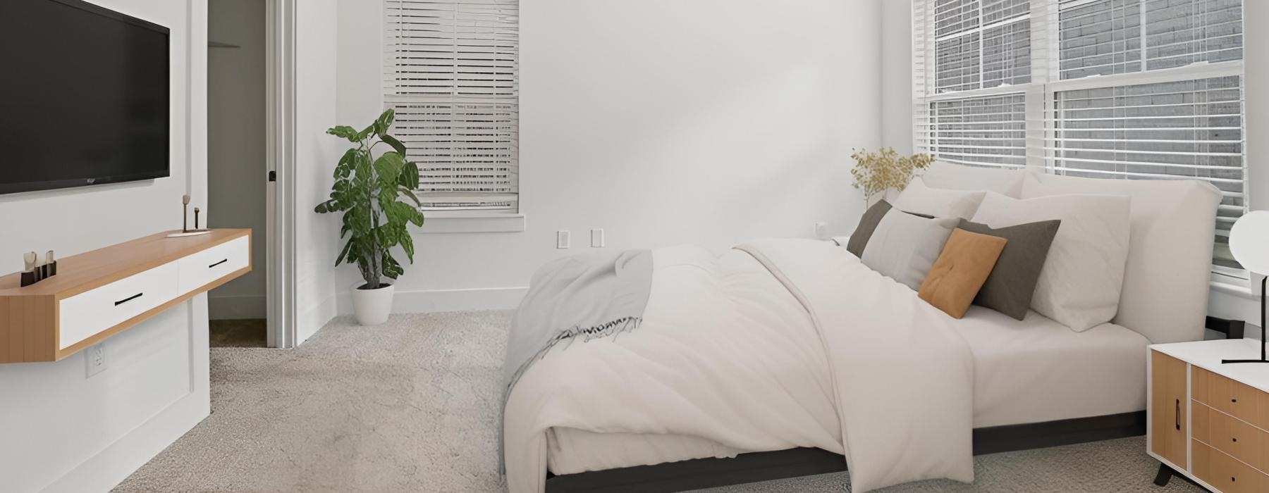 a bright bedroom with touches of nature