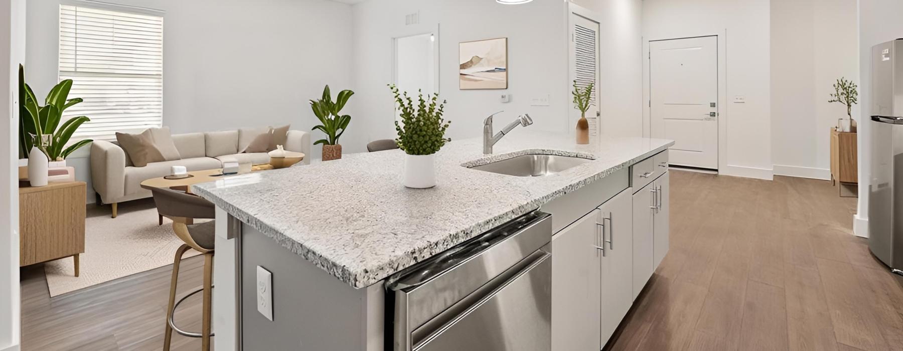 a kitchen with a bar and a sink